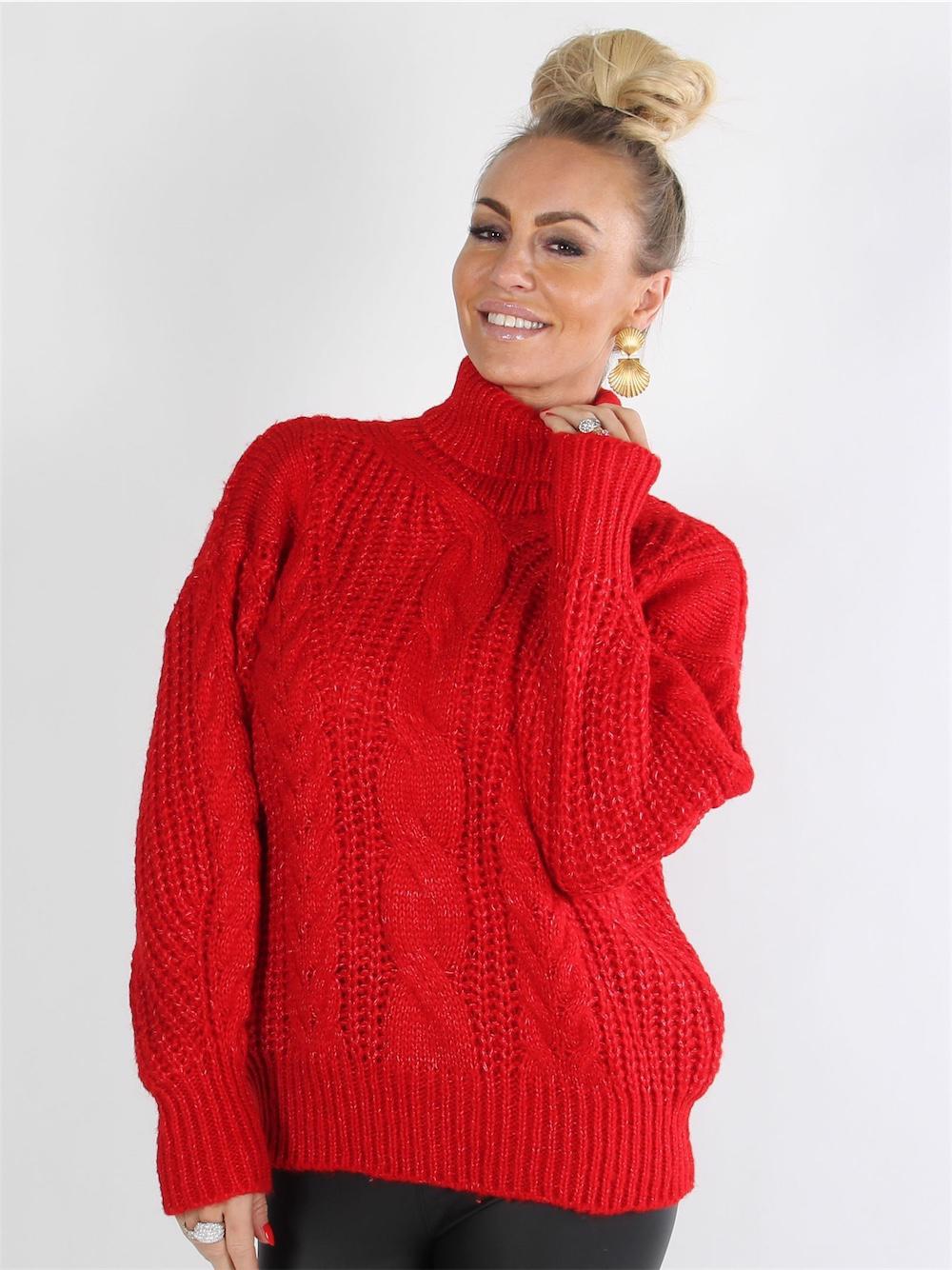 Naddia - Armygrøn striktrøje med turtleneck og kabelstrik